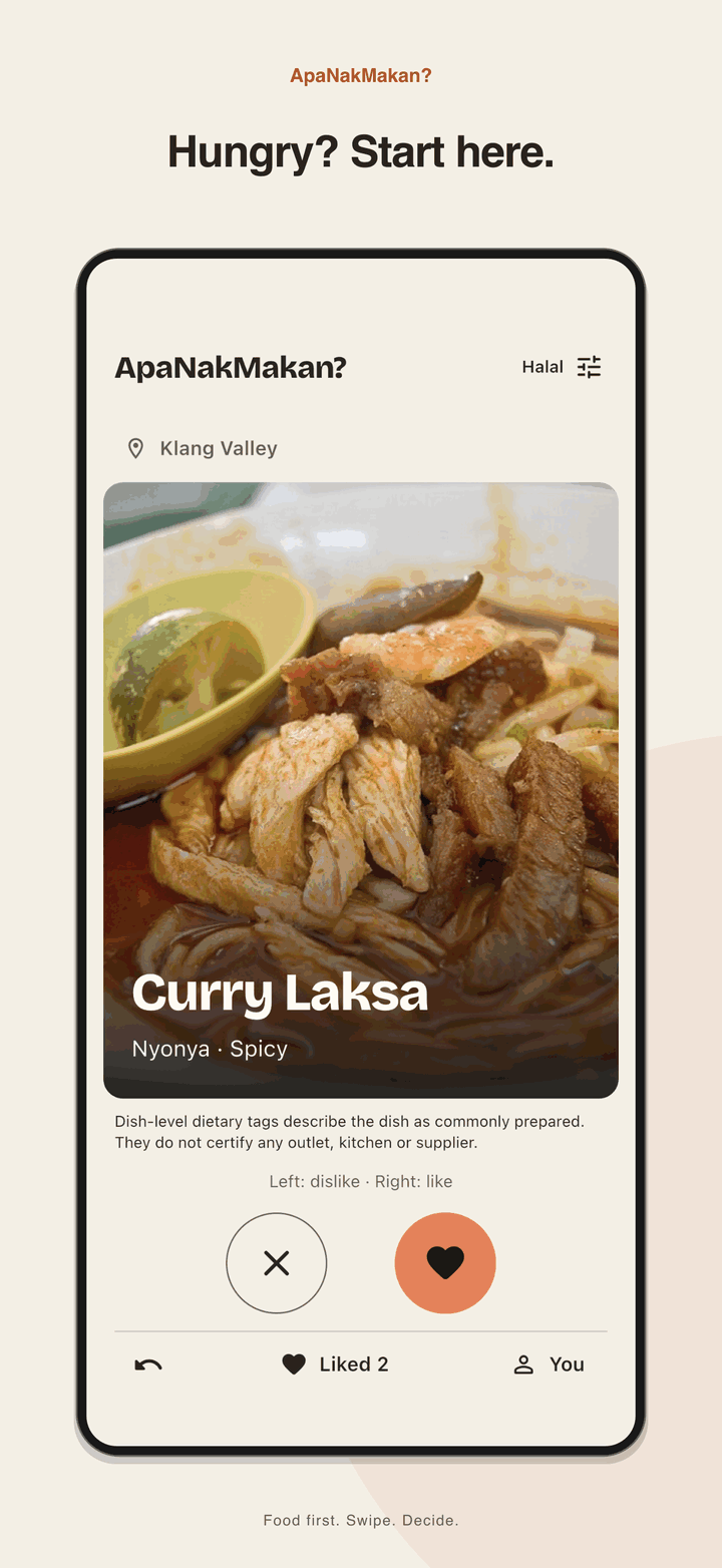 Curry Laksa on the real ApaNakMakan iPhone swipe screen, framed in the store artwork.