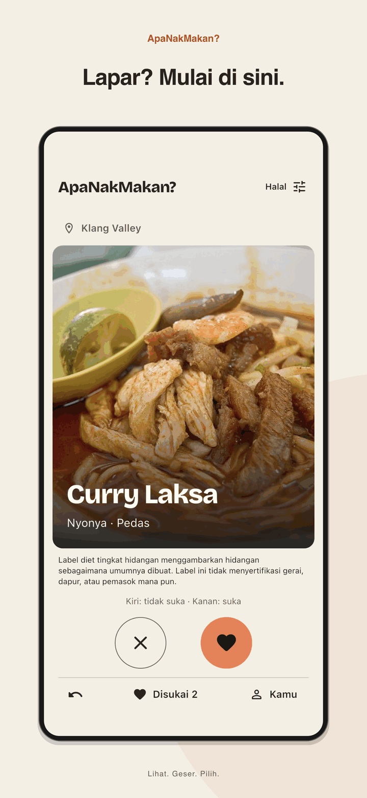 Curry Laksa di layar geser ApaNakMakan yang asli untuk iPhone, dalam bingkai gambar toko aplikasi.