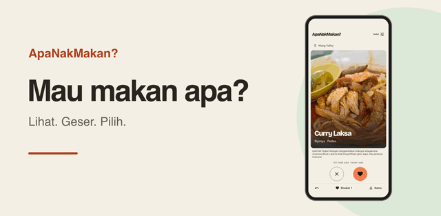 Gambar fitur ApaNakMakan dengan layar penemuan makanan yang asli.