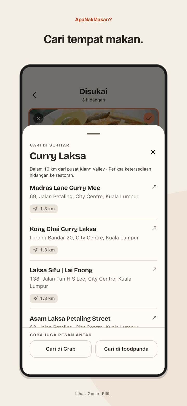Hasil fitur Sekitar di iPhone untuk Curry Laksa di sekitar pusat Lembah Klang.