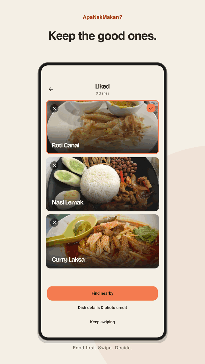 Real Android Liked screen with Nasi Lemak, Roti Canai and Curry Laksa.