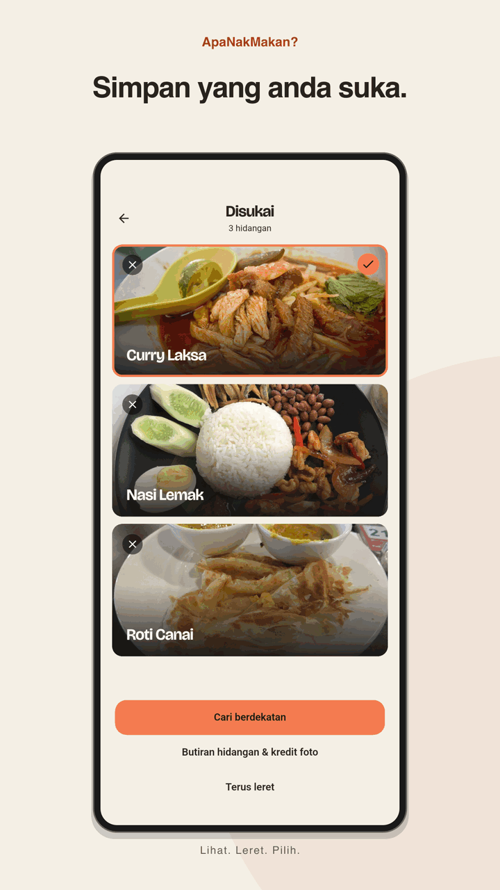 Skrin Disukai pada Android dengan Nasi Lemak, Roti Canai dan Curry Laksa.